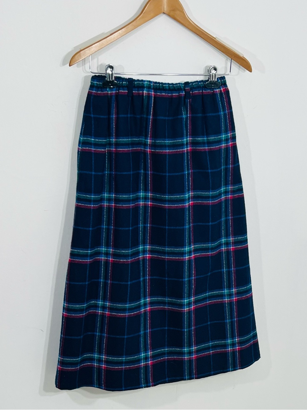 Vintage Claire Thomson Midi Blue Red Green Plaid Modest Wool Stretch Waist Skirt